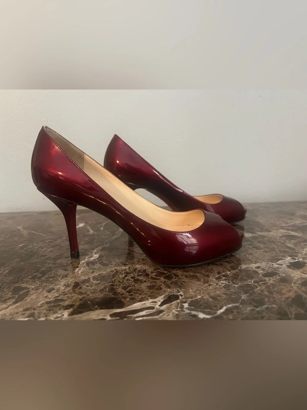 Christian Louboutin Shimmering Burgundy Patent Leather Prive 70mm Platform Pumps